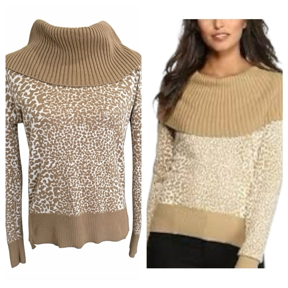Michael Kors XS Tan Beige Leopard Print Sweater Cowl Neck Ribbed Trim Pullover